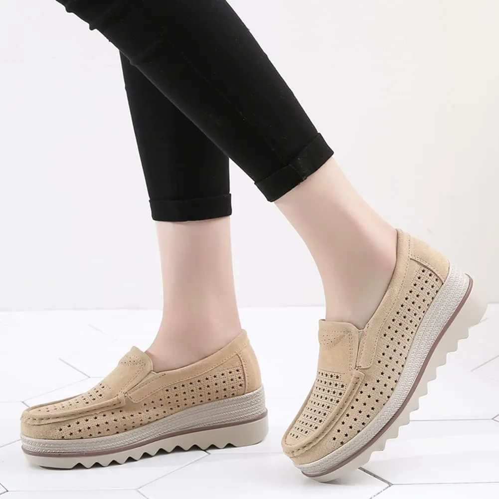 Women's Slip On Platform Shoes Comfort Suede Moccasins Low Top Wedge Loafers