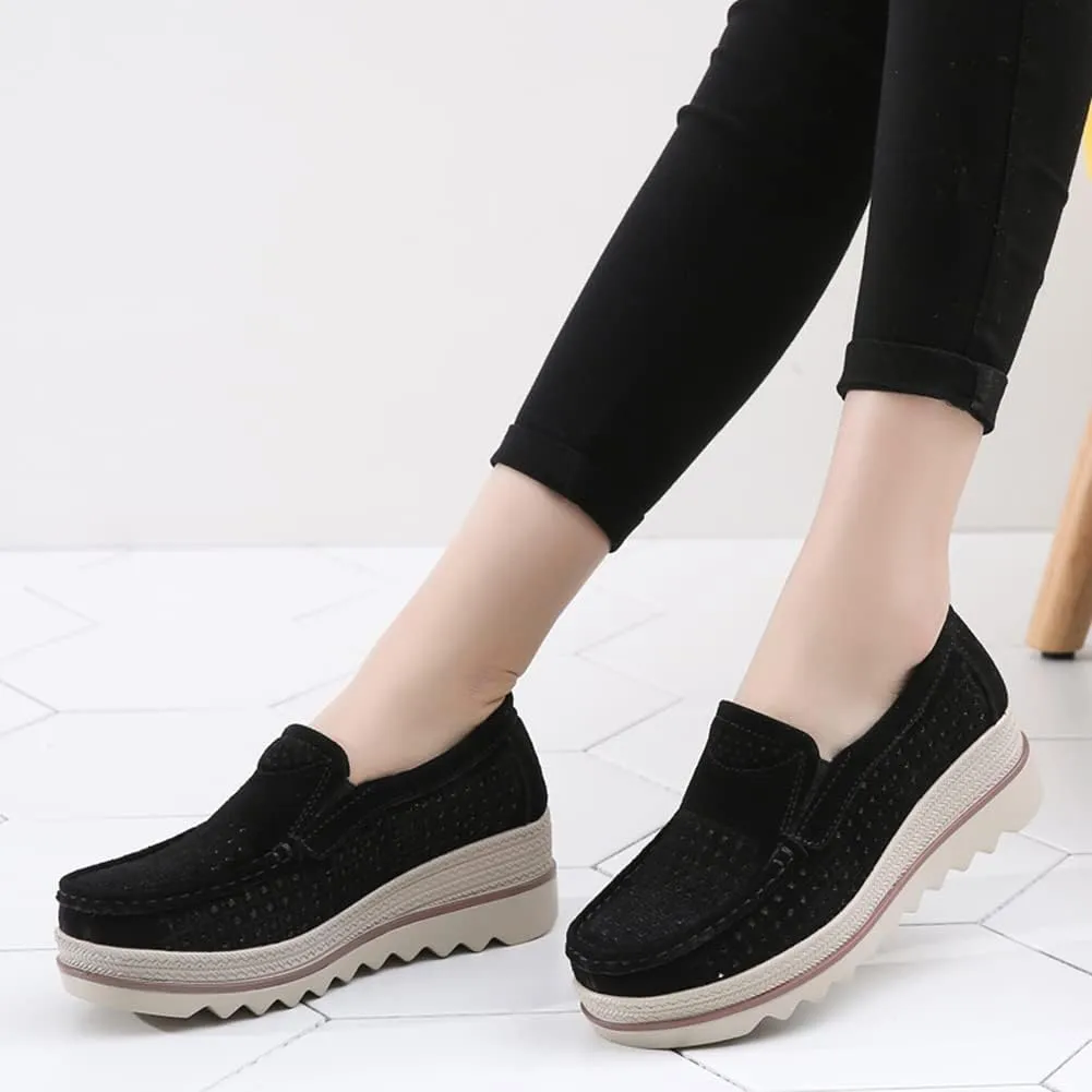 Women's Slip On Platform Shoes Comfort Suede Moccasins Low Top Wedge Loafers