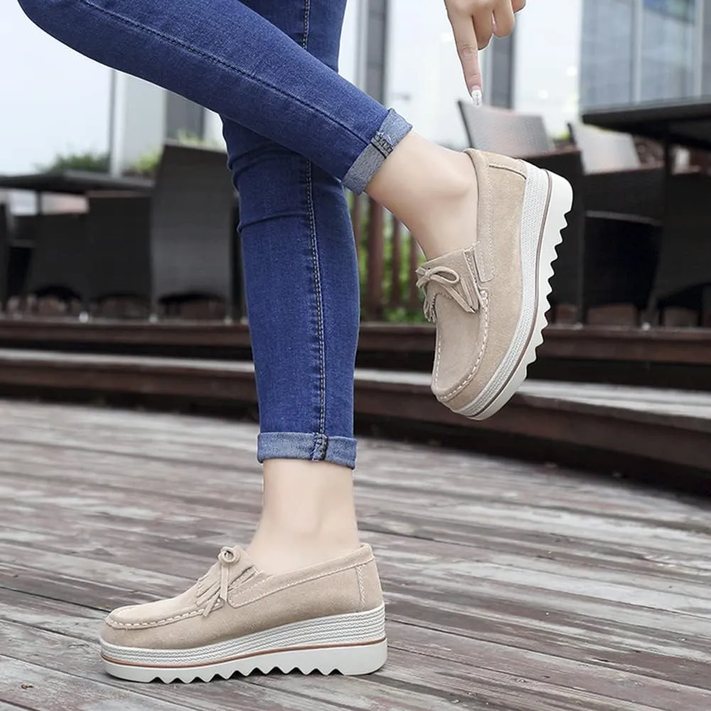 Women's Slip On Platform Shoes Comfort Suede Moccasins Low Top Wedge Loafers