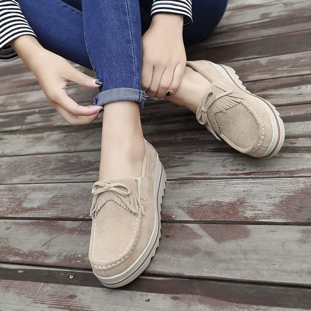 Women's Slip On Platform Shoes Comfort Suede Moccasins Low Top Wedge Loafers