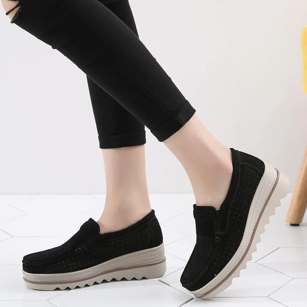 Women's Slip On Platform Shoes Comfort Suede Moccasins Low Top Wedge Loafers