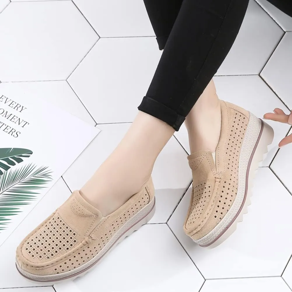 Women's Slip On Platform Shoes Comfort Suede Moccasins Low Top Wedge Loafers