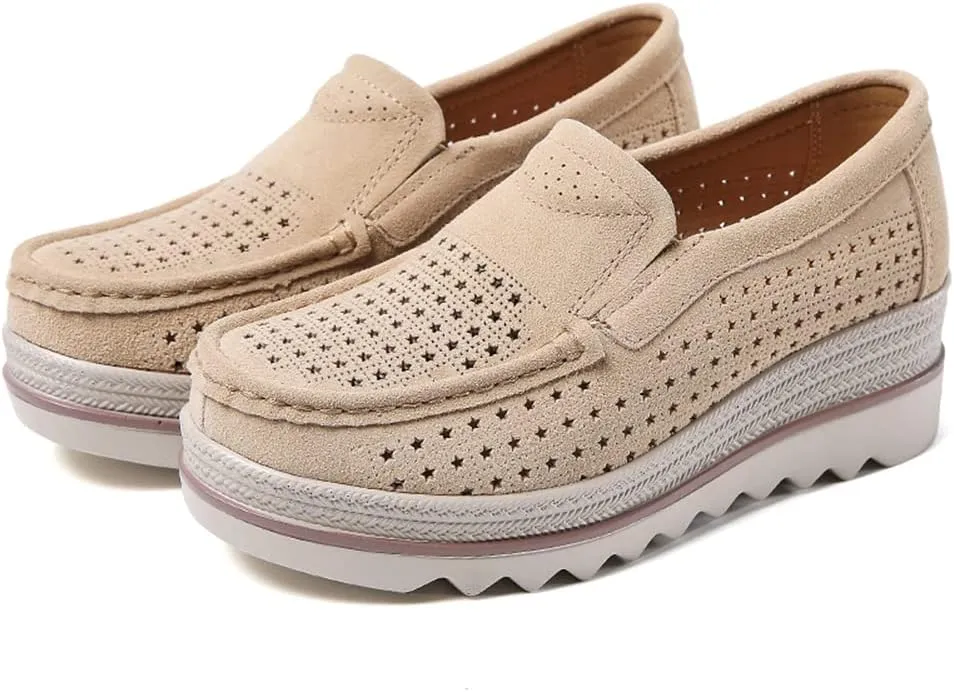 Women's Slip On Platform Shoes Comfort Suede Moccasins Low Top Wedge Loafers