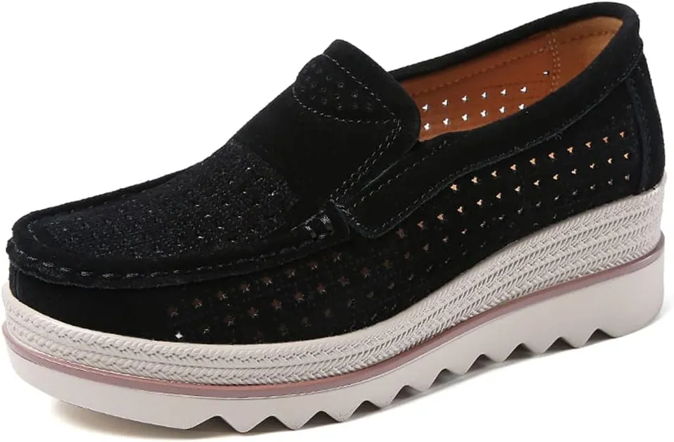 Women's Slip On Platform Shoes Comfort Suede Moccasins Low Top Wedge Loafers
