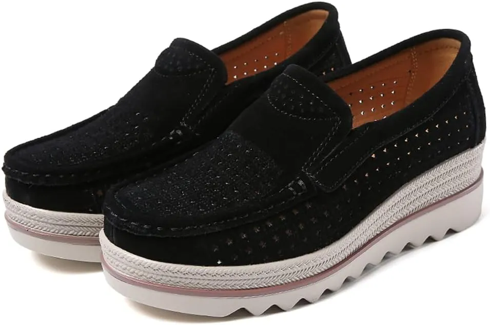 Women's Slip On Platform Shoes Comfort Suede Moccasins Low Top Wedge Loafers