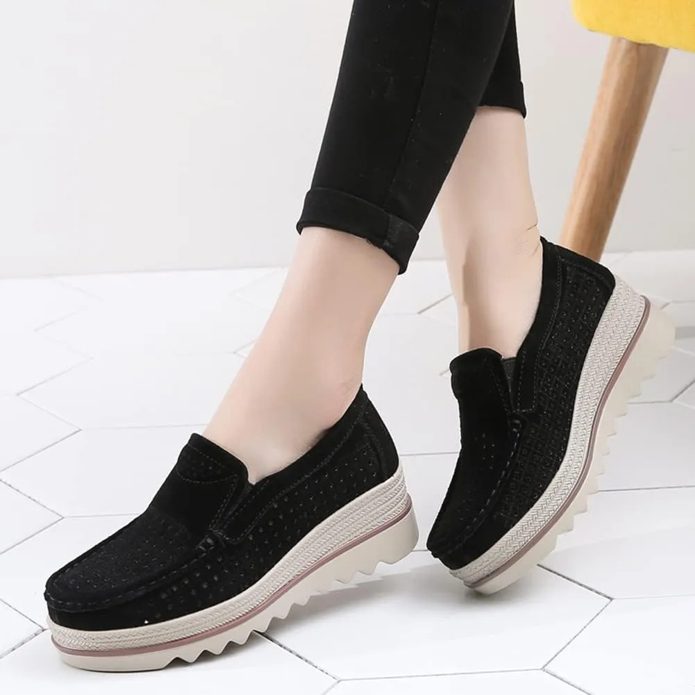 Women's Slip On Platform Shoes Comfort Suede Moccasins Low Top Wedge Loafers