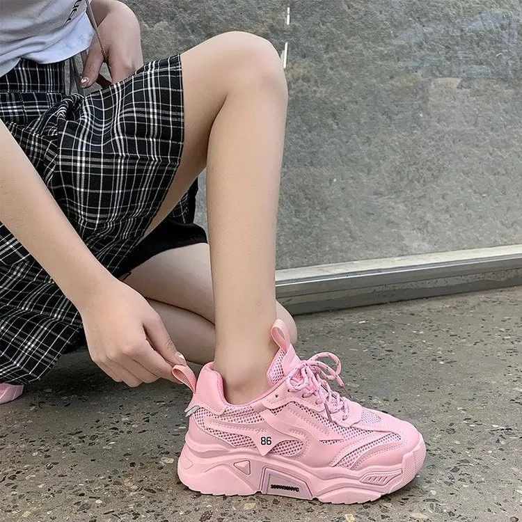 Women's Solid Color Mesh Sneakers, Lace Up Breathable Platform Casual Trainers, Versatile Low-top White Shoes