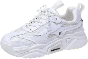 Women's Solid Color Mesh Sneakers, Lace Up Breathable Platform Casual Trainers, Versatile Low-top White Shoes