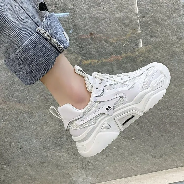 Women's Solid Color Mesh Sneakers, Lace Up Breathable Platform Casual Trainers, Versatile Low-top White Shoes