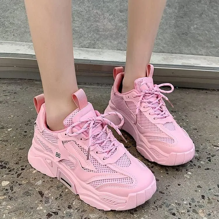Women's Solid Color Mesh Sneakers, Lace Up Breathable Platform Casual Trainers, Versatile Low-top White Shoes