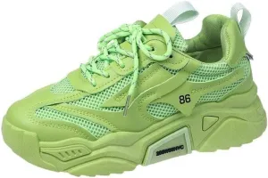 Women's Solid Color Mesh Sneakers, Lace Up Breathable Platform Casual Trainers, Versatile Low-top White Shoes