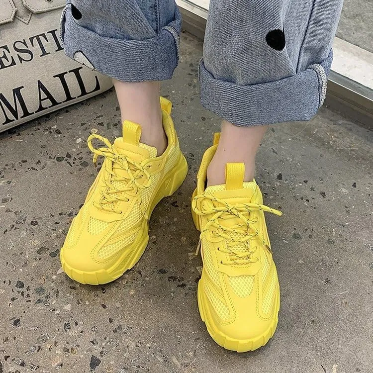 Women's Solid Color Mesh Sneakers, Lace Up Breathable Platform Casual Trainers, Versatile Low-top White Shoes