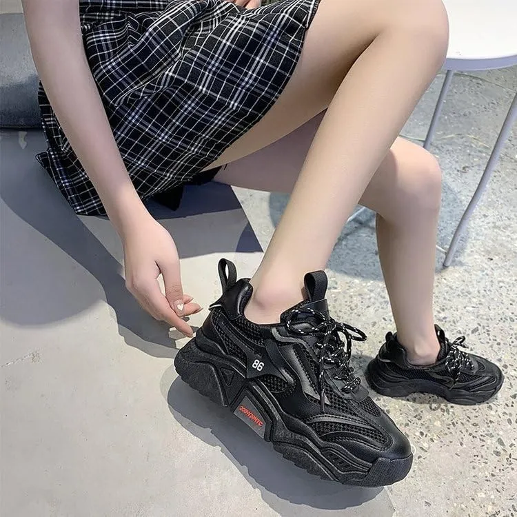 Women's Solid Color Mesh Sneakers, Lace Up Breathable Platform Casual Trainers, Versatile Low-top White Shoes