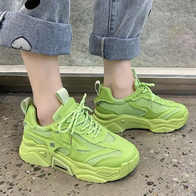 Women's Solid Color Mesh Sneakers, Lace Up Breathable Platform Casual Trainers, Versatile Low-top White Shoes