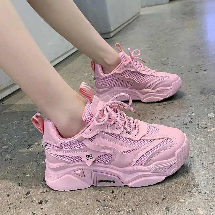 Women's Solid Color Mesh Sneakers, Lace Up Breathable Platform Casual Trainers, Versatile Low-top White Shoes