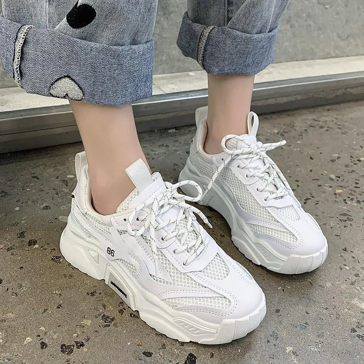 Women's Solid Color Mesh Sneakers, Lace Up Breathable Platform Casual Trainers, Versatile Low-top White Shoes