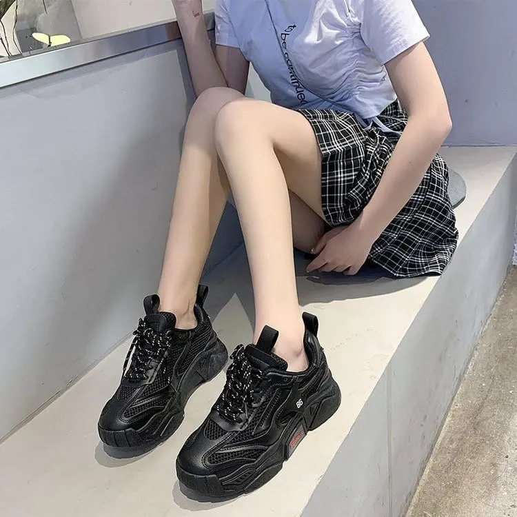 Women's Solid Color Mesh Sneakers, Lace Up Breathable Platform Casual Trainers, Versatile Low-top White Shoes