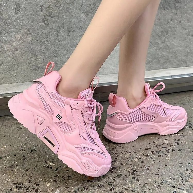 Women's Solid Color Mesh Sneakers, Lace Up Breathable Platform Casual Trainers, Versatile Low-top White Shoes
