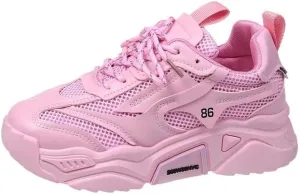 Women's Solid Color Mesh Sneakers, Lace Up Breathable Platform Casual Trainers, Versatile Low-top White Shoes