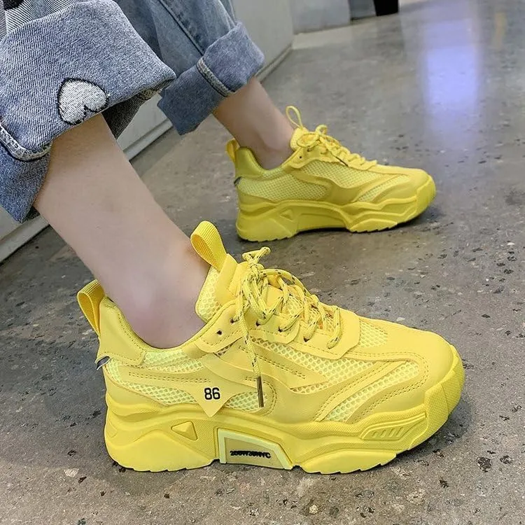 Women's Solid Color Mesh Sneakers, Lace Up Breathable Platform Casual Trainers, Versatile Low-top White Shoes