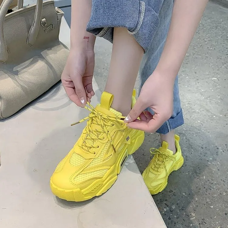 Women's Solid Color Mesh Sneakers, Lace Up Breathable Platform Casual Trainers, Versatile Low-top White Shoes