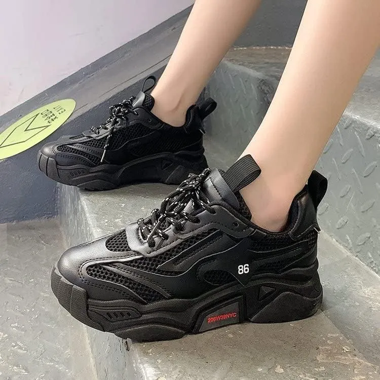 Women's Solid Color Mesh Sneakers, Lace Up Breathable Platform Casual Trainers, Versatile Low-top White Shoes