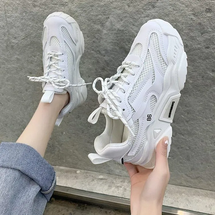 Women's Solid Color Mesh Sneakers, Lace Up Breathable Platform Casual Trainers, Versatile Low-top White Shoes