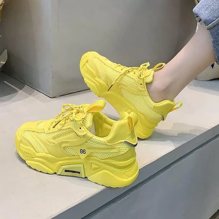 Women's Solid Color Mesh Sneakers, Lace Up Breathable Platform Casual Trainers, Versatile Low-top White Shoes