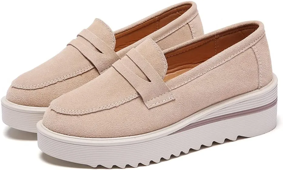 YING LAN Women Platform Slip On Loafers Comfort Suede Moccasins Wide Low Top Wedge Casual Shoes