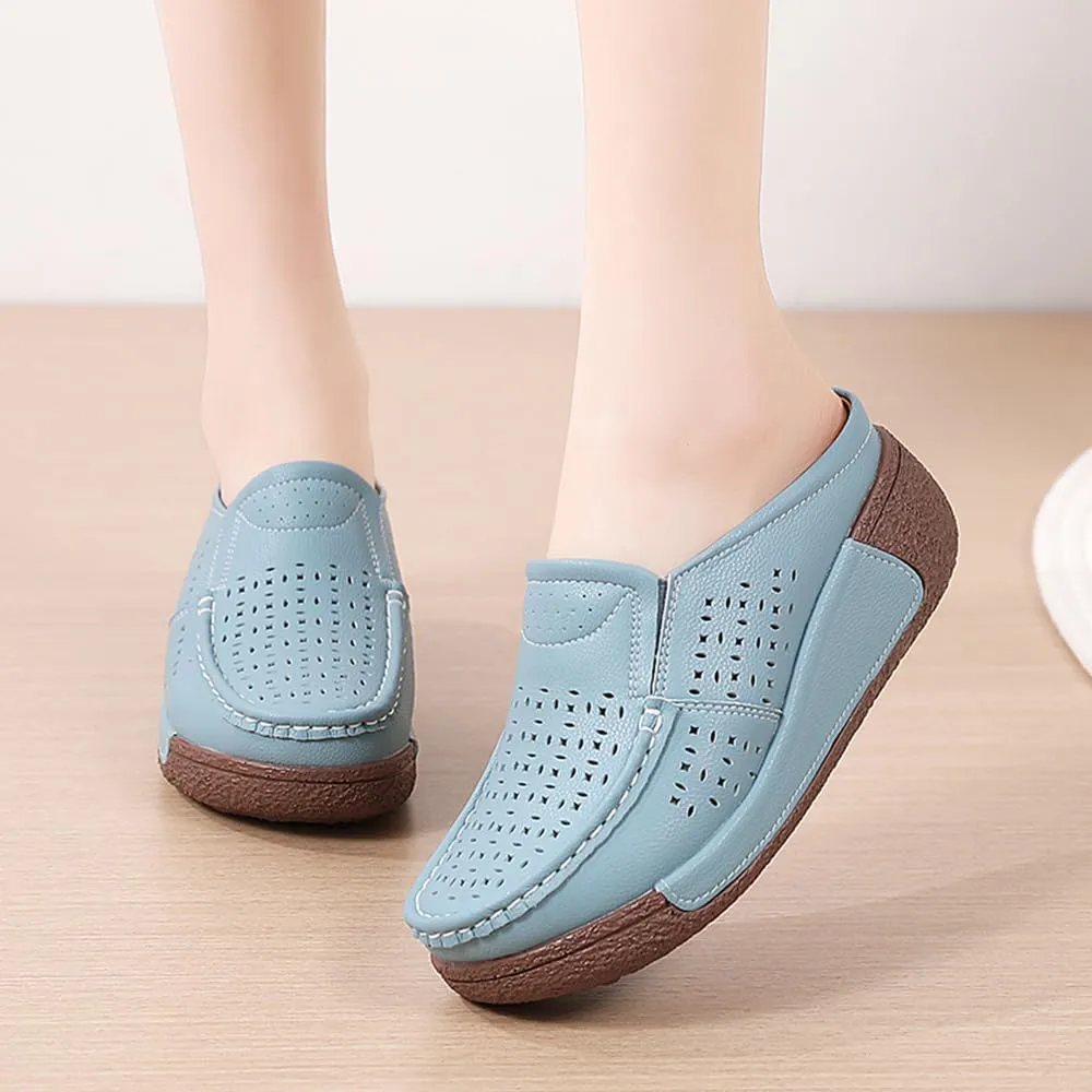 YING LAN Women Slip On Loafers Comfort Leather Wide Low Top Casual Platform Shoes