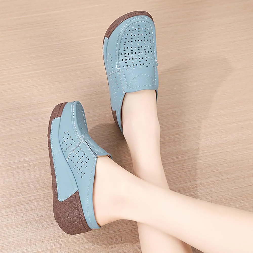 YING LAN Women Slip On Loafers Comfort Leather Wide Low Top Casual Platform Shoes