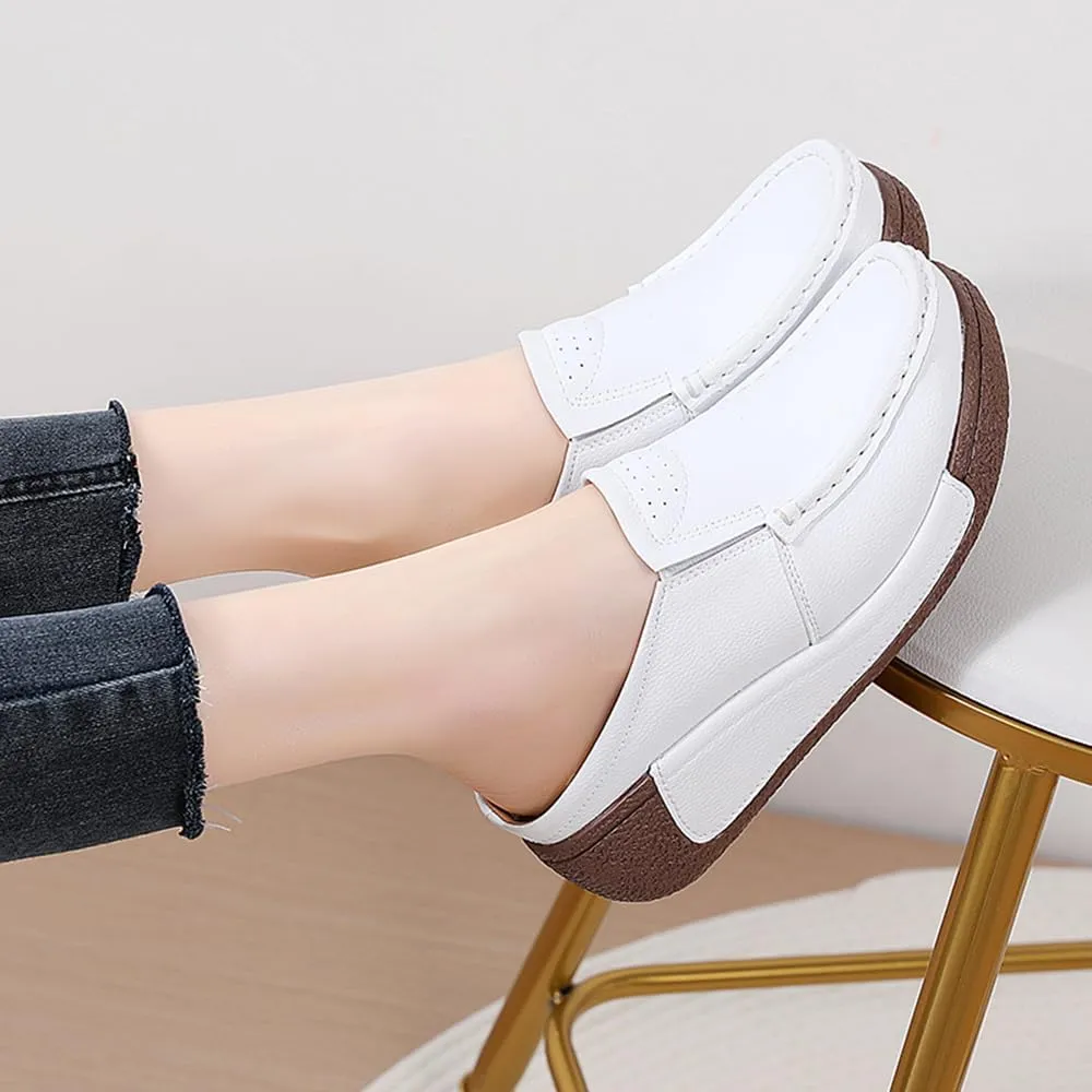 YING LAN Women Slip On Loafers Comfort Leather Wide Low Top Casual Platform Shoes