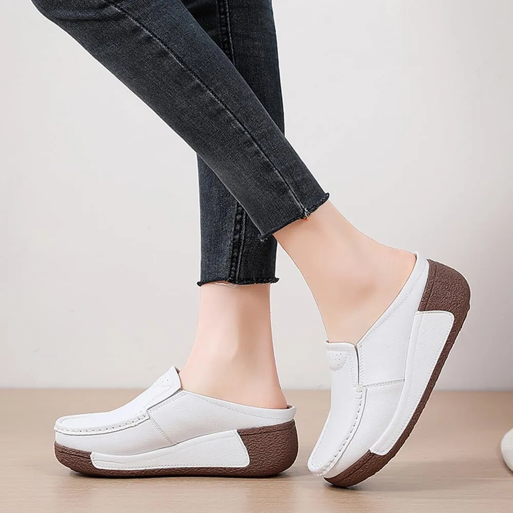 YING LAN Women Slip On Loafers Comfort Leather Wide Low Top Casual Platform Shoes