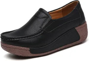 YING LAN Women Slip On Loafers Comfort Leather Wide Low Top Casual Platform Shoes