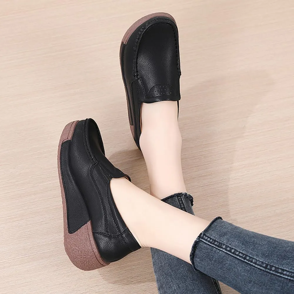 YING LAN Women Slip On Loafers Comfort Leather Wide Low Top Casual Platform Shoes