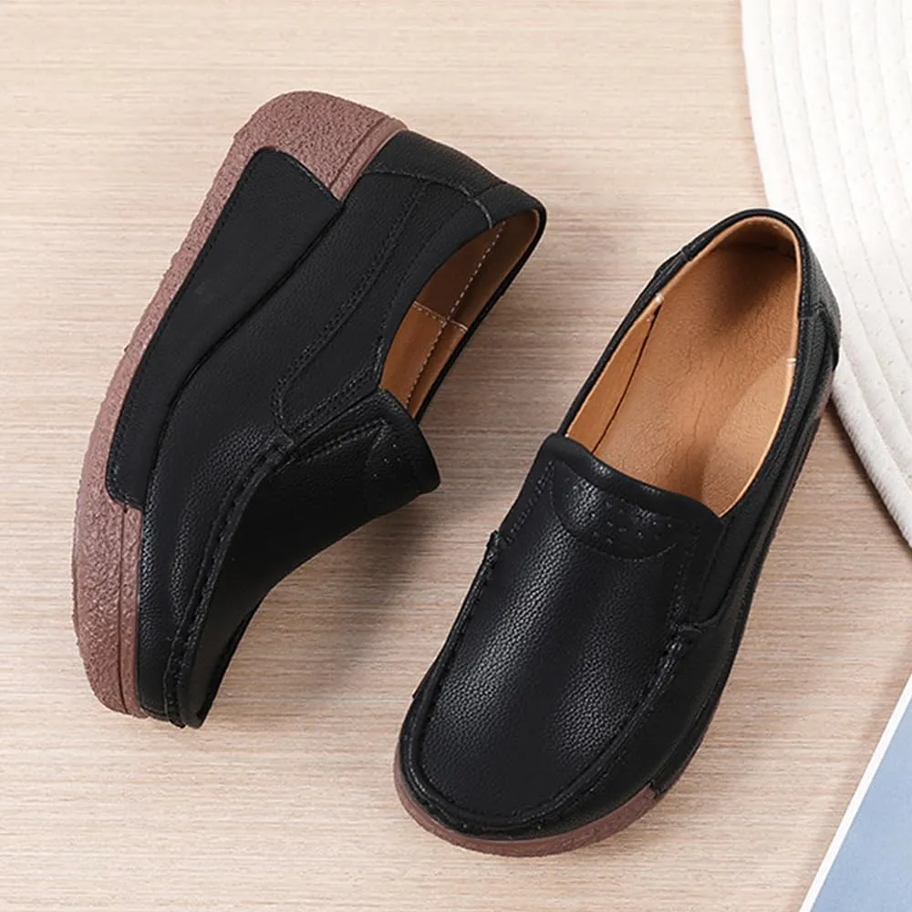 YING LAN Women Slip On Loafers Comfort Leather Wide Low Top Casual Platform Shoes