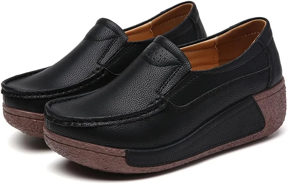 YING LAN Women Slip On Loafers Comfort Leather Wide Low Top Casual Platform Shoes