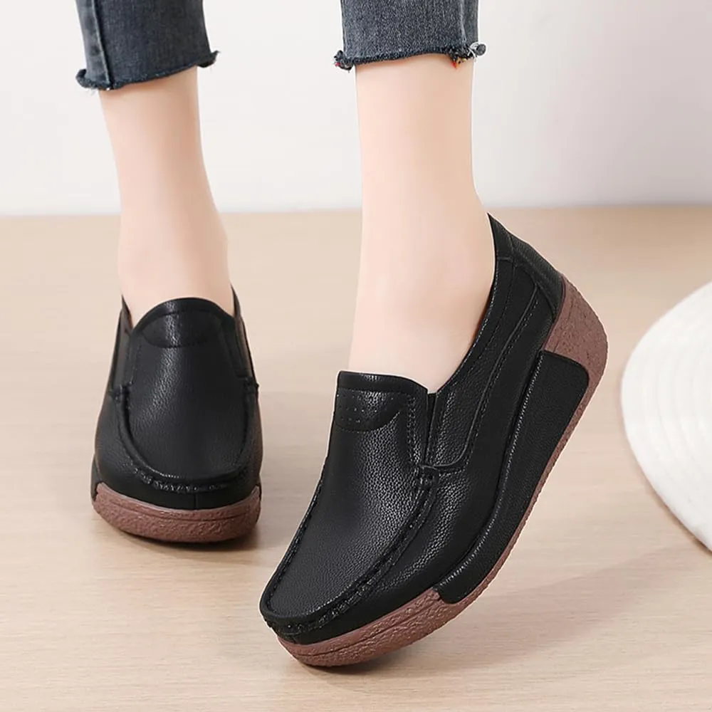YING LAN Women Slip On Loafers Comfort Leather Wide Low Top Casual Platform Shoes