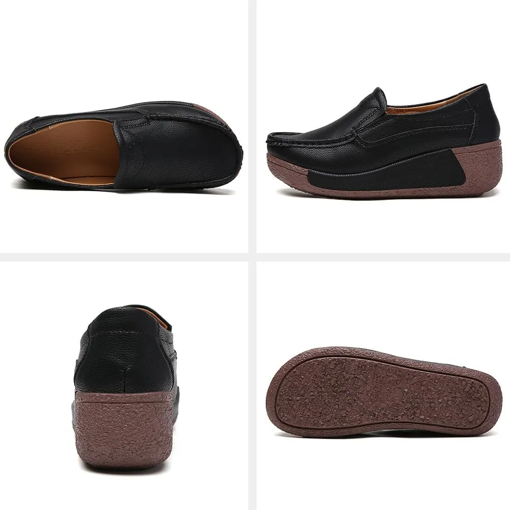 YING LAN Women Slip On Loafers Comfort Leather Wide Low Top Casual Platform Shoes