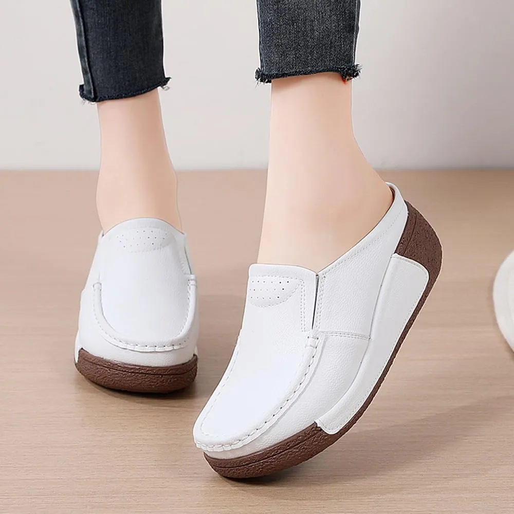 YING LAN Women Slip On Loafers Comfort Leather Wide Low Top Casual Platform Shoes