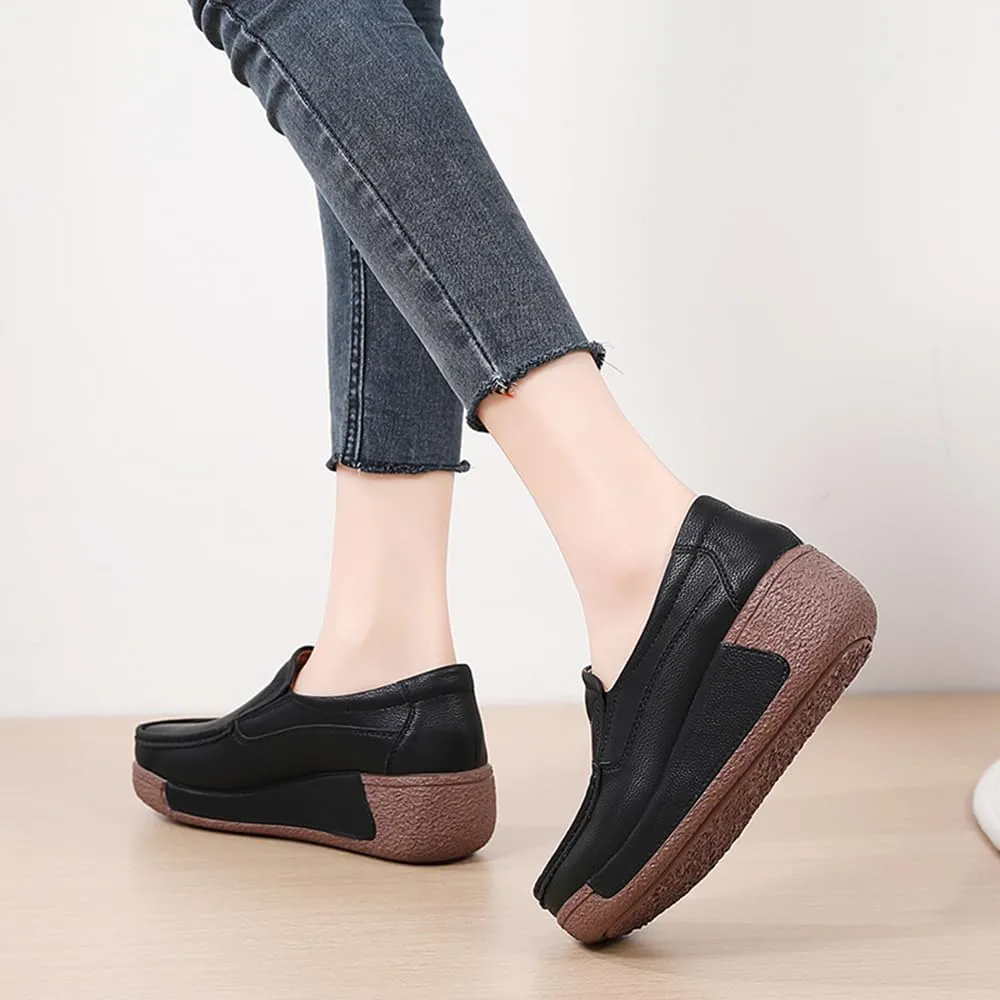 YING LAN Women Slip On Loafers Comfort Leather Wide Low Top Casual Platform Shoes