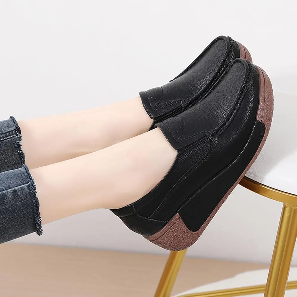 YING LAN Women Slip On Loafers Comfort Leather Wide Low Top Casual Platform Shoes
