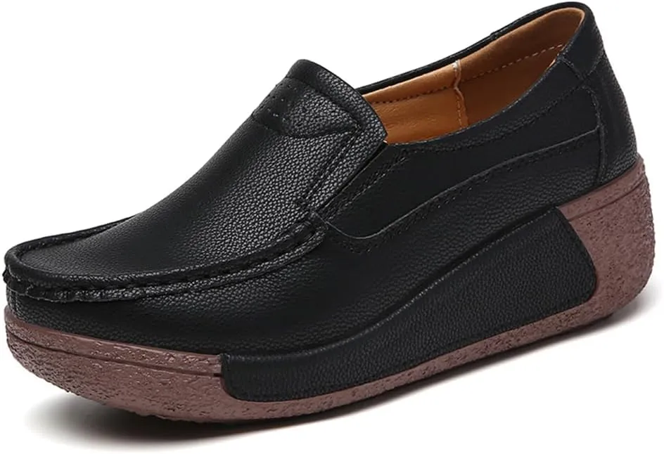 YING LAN Women Slip On Loafers Comfort Leather Wide Low Top Casual Platform Shoes